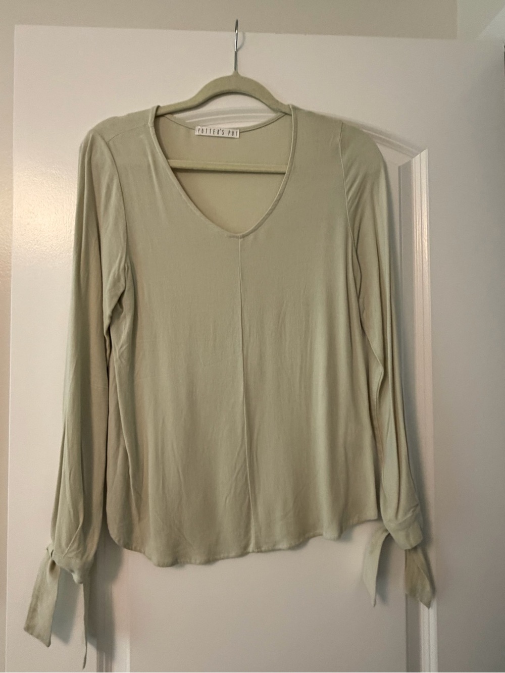 Potter's Pot Sage Green Long Sleeve V-Neck Top with Tie Cuffs
